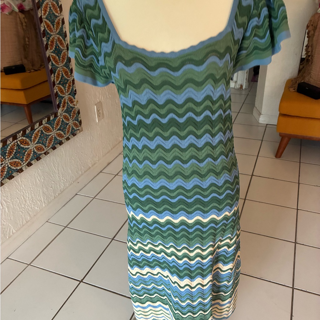 Shoshanna Wavy Green And Blue Midi Dress